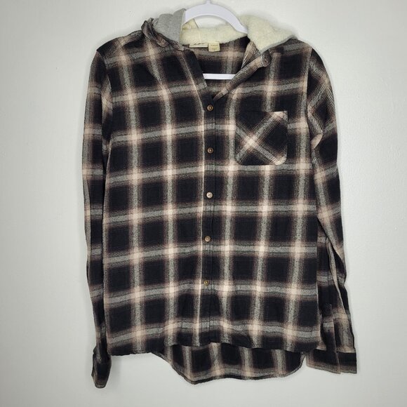 Daytrip flannel grunge button front fleece lined hood cabin cozy top size medium - Picture 1 of 5